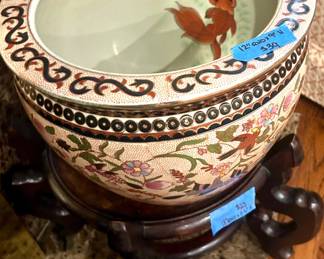Asian Planter 12”Rnd x 9”h $39; Carved Wood Asian pedestal 18”Rnd x 5”h $25