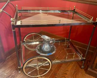 Glass shelf, brass frame w/ rails tea cart 34”long x 21.5”w x 30”h $245
