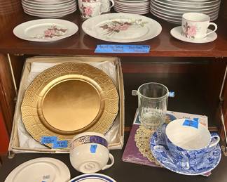 3 sets of 4 gold plate liners $20/set; Spode blue &white large cup $25; 9 (4pc) place settings of Portugal Block Spal Floral “Watercolors” $20ea