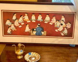 Asian & gold double matted & framed Asian teacher w/ students (Mai Thu) 38” x 19” $20
