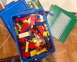 Bin of Lego Bricks $20; 4 Lego green bases with toads $20
