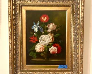 Gold framed oil on canvas by Godner 20” x 25”floral $60