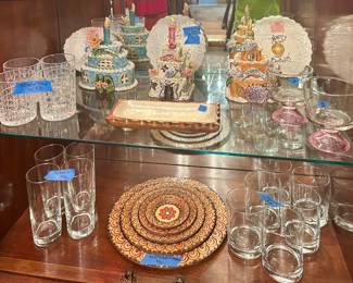 5 handmade decorative wood nesting plates $50; 4 crystal plaid pattern rocks glasses set $80; 3 Blue Sky (3) pc ceramic Happy Birthday Cake $40ea March, April, November