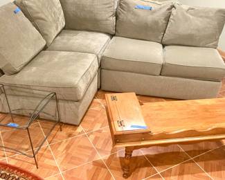Sage green Ethan Allen four seat sectional 91 inch wide 18 inch Florida seat $250; vntg Maple Coffee taTble w:/ storage 43.5”w x 19d x 19”h $75; 19”sq x 19”h 2 tier glass side table $35