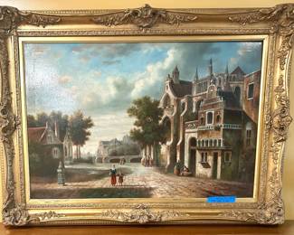 43” x 31” gold framed Victorian Street by R. Bernard $250
