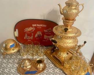 Euro Electric Gold Persian Coffee Urn w/ tray $300; 3pc Persian gold cream & sugar set w/ tray $60; Persian gold covered caviar dish $125