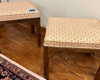 2 Vntg Solid Wood Based, Cushioned Benches $35ea; 20”sq x 17.5”h