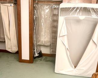 2 canvas clothes bags $15ea; white tall & wide wardrobe bag $30