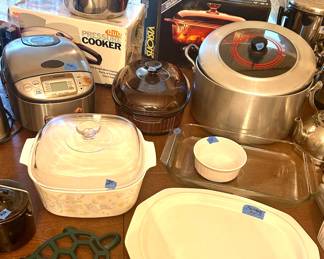 Duo pressure cooker $20, Jirushi (Mdl: NS-TSC10) Rice Cooker $125; Glass Brown Oval Pyrex $25, Square covered pyrex $25, clear glass Pyrex Baking Pan $15, ceramic platter $10, covered Stock Pot w/ red ring around handle $25
