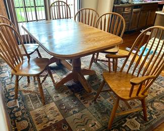 Karastan Wool Rug $350; Amish made, double pedestal dining table w/ 3 leaves $250; 2 Arm Chairs & 4 upright Chairs $280