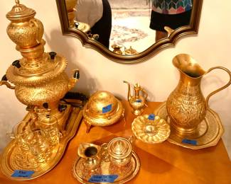 Euro Electric Gold Persian Coffee Urn w/ tray $300; 3pc Persian gold cream & sugar set w/ tray $60; Persian gold covered caviar dish $125; 2pc pitcher & plate $60