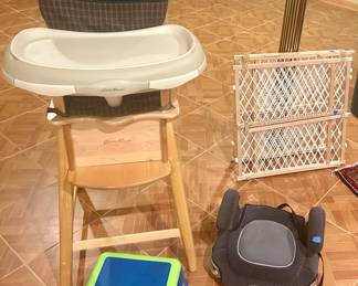 Eddie Bauer Wood Highchair w/ Cushioned Seat $60, 2 wood baby gates $10ea, Childs step stool , Graco Child's car booster seat