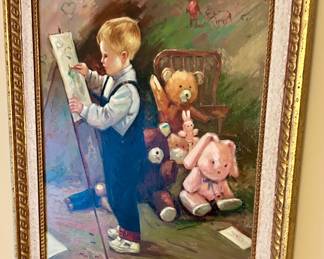 25”w x 29”h gold framed oil of toddler painting $60