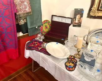 Tablecloths, crystal & serving pieces; lined silverware wood storage box $50