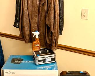 NIB Ricardo rolling garment bag w/ built in scale; wheeled “Delsey” burgundy overhead suitcase $30; black leather