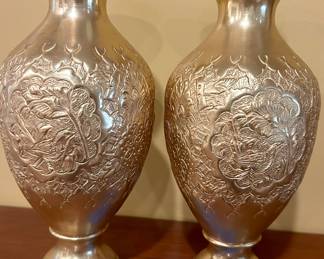9” gold plated, hand etched Persian 19th century Vases set $120