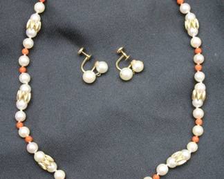 14k Gold & Pearl Necklace & Earring Set