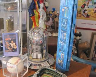 Tiger Stadium.....signed Johnny Bench Baseball....Advent mini ornaments books....Lost in space robot