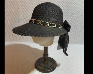 Marcus Adler black straw sun hat with gold chain and sheer bow
