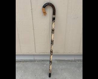 Antique Mexican Written Relief Hand Carved Walking Stick Featuring An Eagle Handle