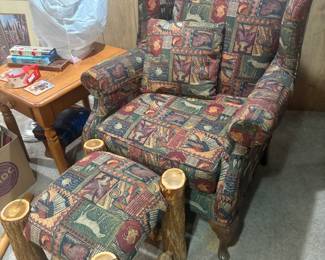 . . . outdoor-themed wing chair and cool matching log footstool
