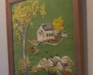 Vintage Crewel embroidery framed picture
