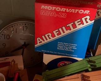 Vintage clock, air filters, coat hangers