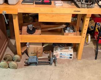Wood work bench, clamps, weights