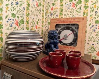 Vase, tea set, thermometer