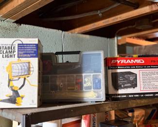 Portable clamp light, electrical connector box, Pyramid power supply