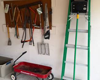 Fiberglass ladder, garden tools, wagon 