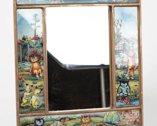 Vintage Whimsical Painted Glass Cat & Kitten Mirror