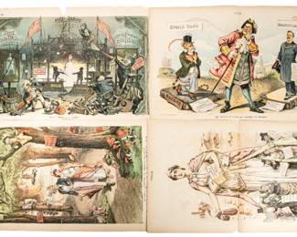 Pair Antique Puck Magazine Political Cartoon Chromolithographs – Joseph Keppler & Frederick Graetz -