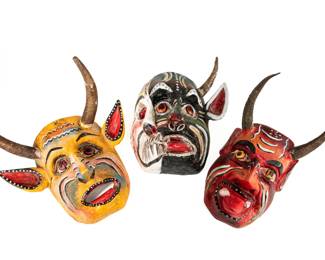  Set Of 3 Vintage Mexican Folk Art Hand-Painted Wooden Diablo Devil Masks