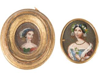 Pair Of Antique Hand-Painted Portrait Miniatures In Gilt Frames Ladies Portraits