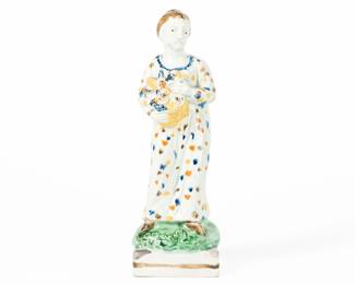 Antique Staffordshire Pearlware Figure Of Woman W/ Basket Of Flowers