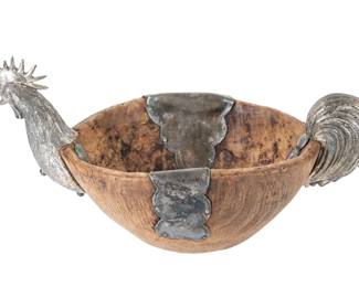 Hand-Carved Wooden Chicken Bowl With White Metal Rooster & Hen Handles