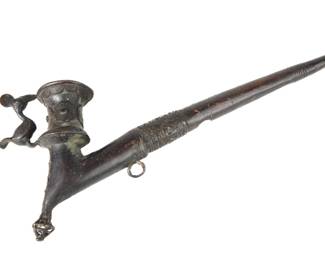 Cameroon Grassfields Cast Bronze Ceremonial Tobacco Pipe With Figural Decoration