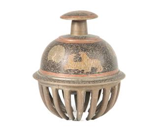 Indian Engraved & Enameled Brass Elephant Claw Temple Bell