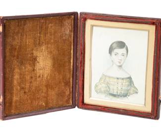 19th Century Miniature Watercolor Portrait Of Young Girl In Original Leather Book-Form Case