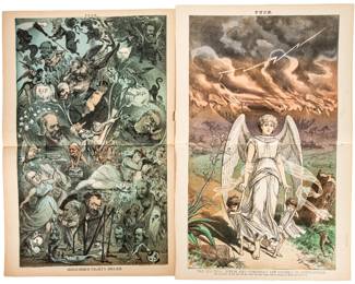Pair Antique Puck Magazine Political Cartoon Chromolithographs – Joseph Keppler & Frederick Graetz -