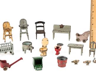 Antique Miniature Cast Metal Dollhouse Furniture & Accessories Lot