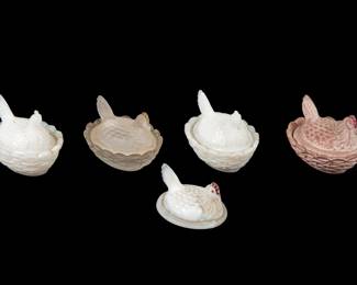  Vintage Milk Glass & Glass Hen On Nest Covered Dishes