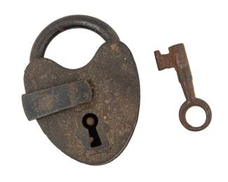 Antique Heart Shaped Iron Padlock With Original Skeleton Key Primitive Lock