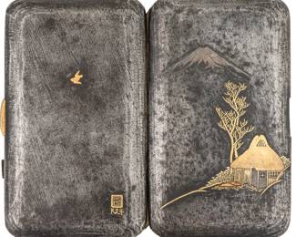 Japanese K24 Gold Inlaid Cigarette Case With Cottage Landscape & Mount Fuji Design
