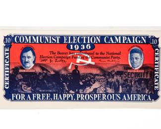  1936 Communist Party Election Campaign Fund Certificate – Earl Browder & James W. Ford