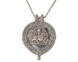 Antique Indian Silver Tribal Amulet Pendant Necklace W/ Figural Deity Motif 54 Grams