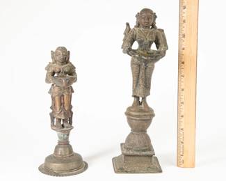 Pair Of Indian Brass Deepa Lakshmi Figural Oil Lamps / Diyas