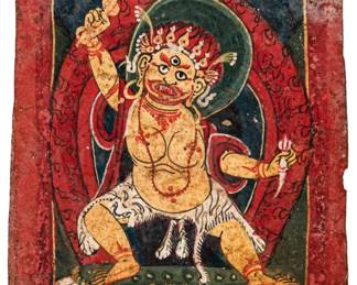 Antique Tibetan Buddhist Tsakli Ritual Initiation Card W/ Wrathful Deity & Tibetan Inscription