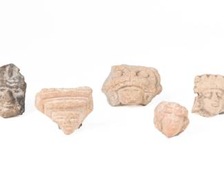 Group Of Five Ceramic Or Terracotta Head & Face Fragments, Age & Origin Unknown